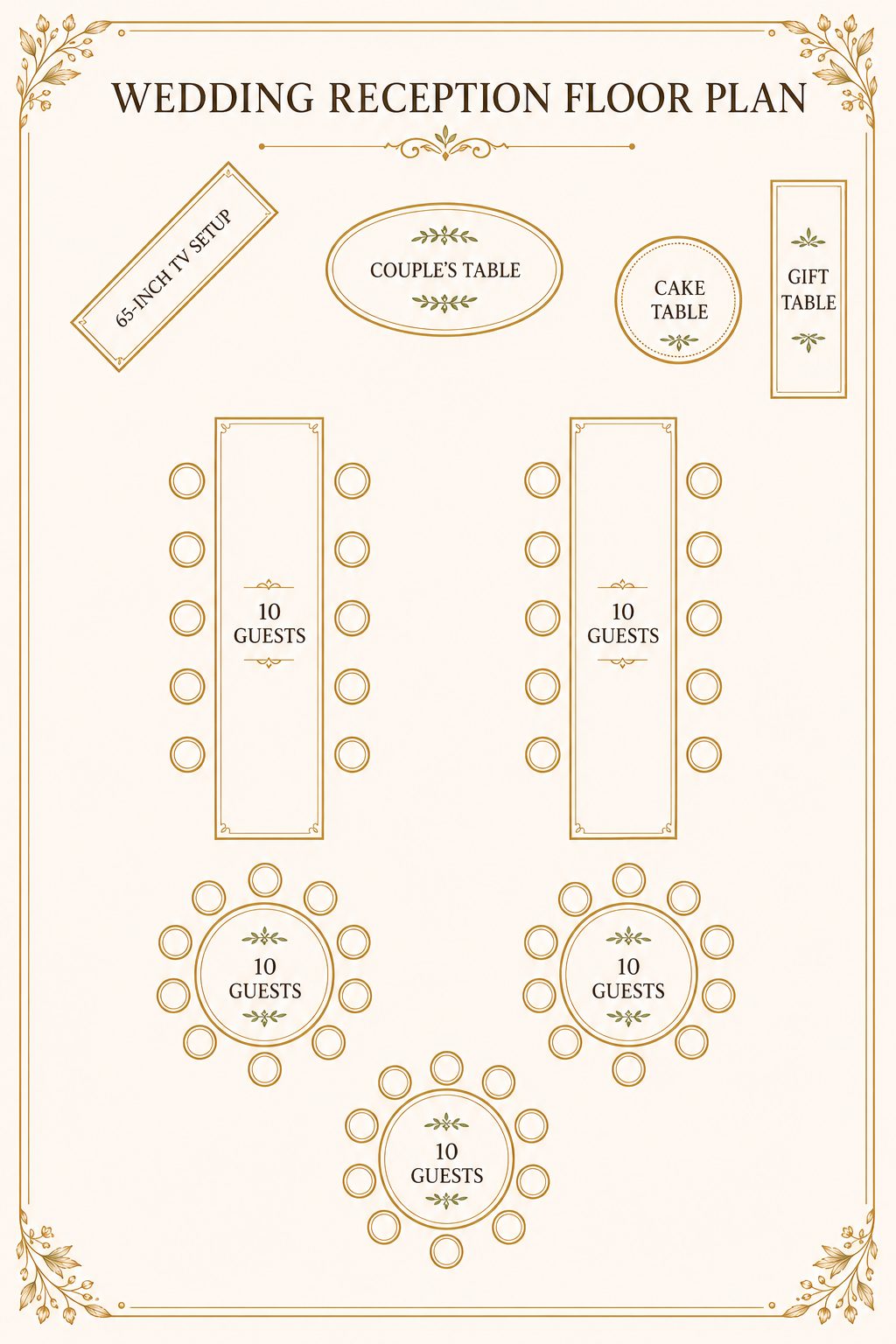 Wedding reception floor plan showing the couple's table, cake table, gift table, TV setup, and five guest tables seating ten each
